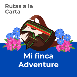 Imagen de una mochila típica campesina rodeada de flores, con el texto "Mi finca Adventure - Rutas a la Carta" sobre fondo azul y blanco.